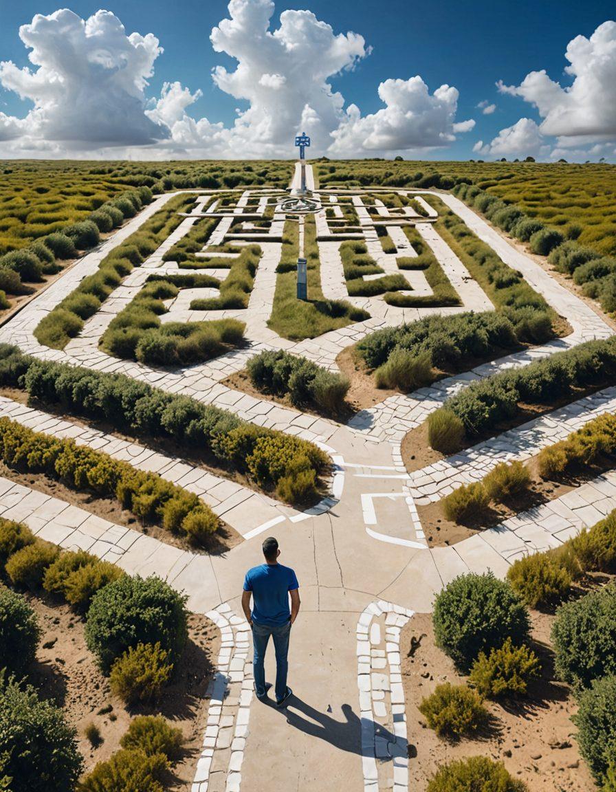 A person standing at a crossroads with multiple signposts illustrating different types of insurance (health, auto, home) amidst a labyrinthine maze. The background features a bright sky with clouds for clarity. The character is holding a map labeled 'Key Strategies for Optimal Coverage.' This representation should convey a sense of exploration and guidance. vibrant colors. super-realistic.