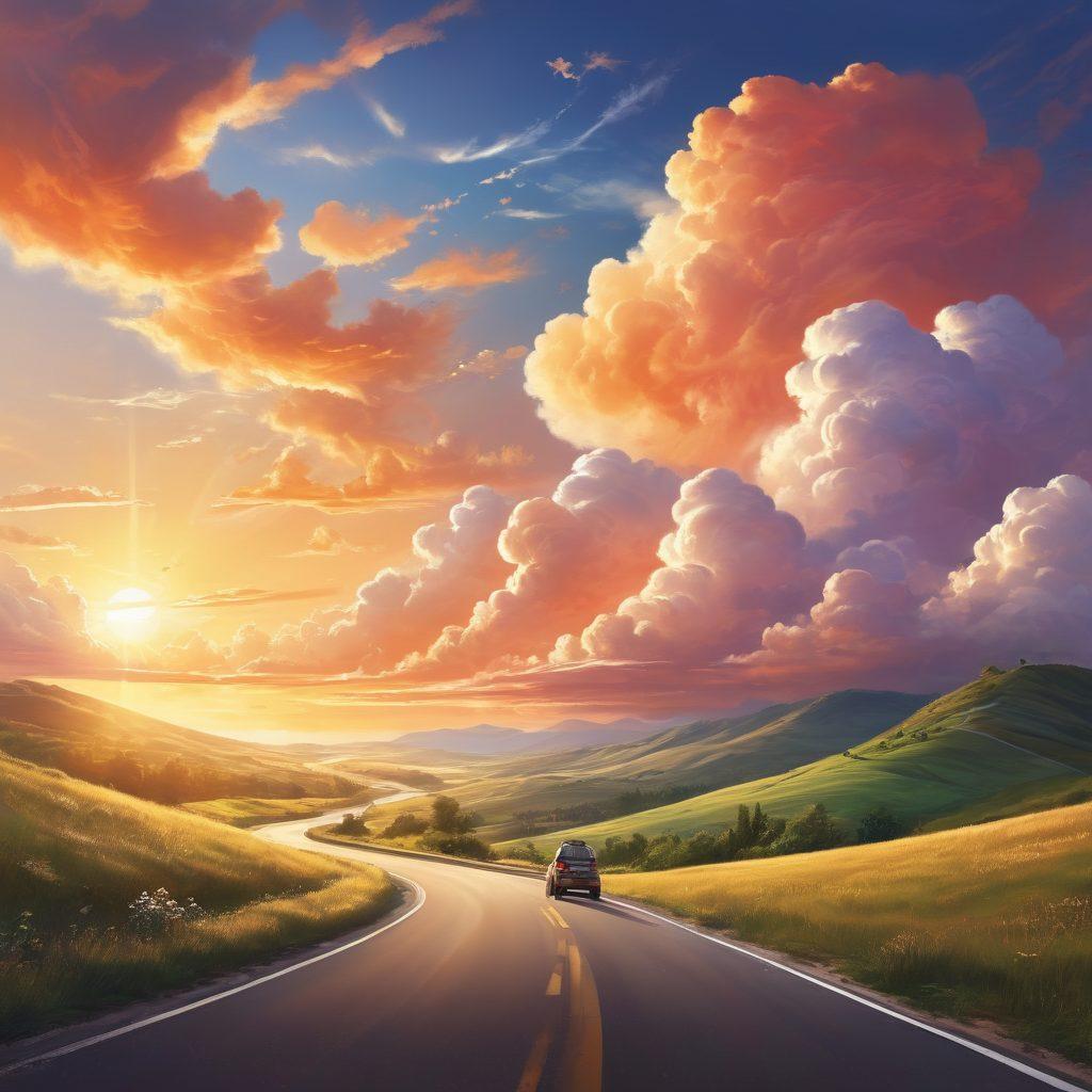 An engaging illustration depicting a road leading from inspiring quotes to a sturdy shield representing smart insurance claims, with clouds of thought bubbles filled with words like 'protection', 'smart choices', and 'financial security'. Include a diverse group of people discussing and analyzing documents along the road. Sunlight breaking through clouds symbolizes enlightenment. vibrant colors. vector art.